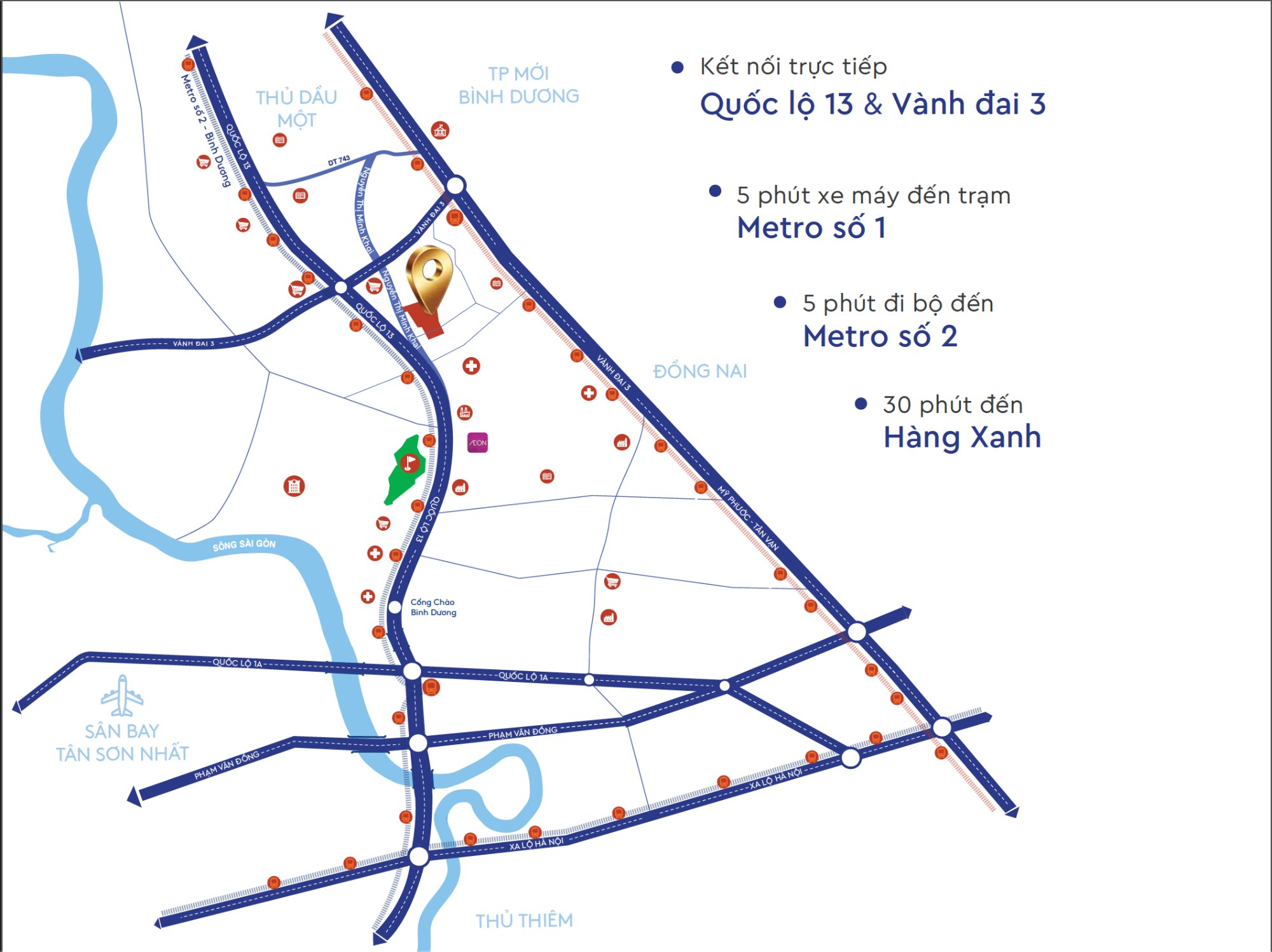 Bản đồ vị trí và kết nối Monrei Saigon Nguyễn Thị Minh Khai trục QL13