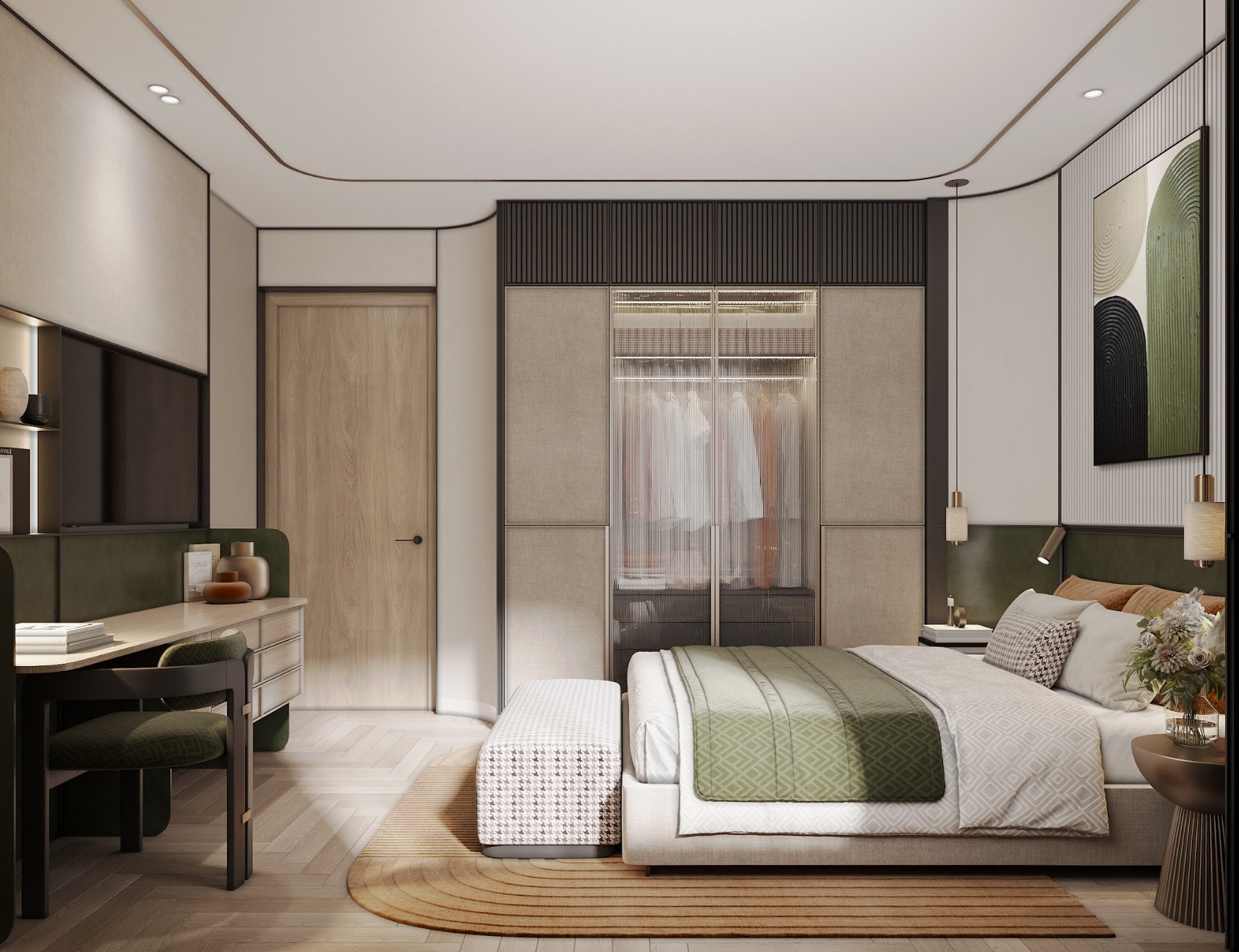Phòng ngủ master căn hộ Green Skyline nội thất bàn giao