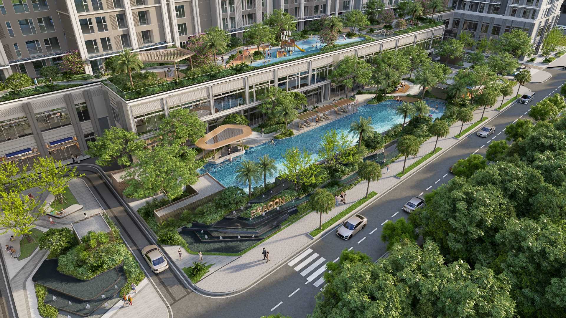 Bể bơi và cảnh quan nội khu Beacon Tower Blanca City nhìn từ trên cao