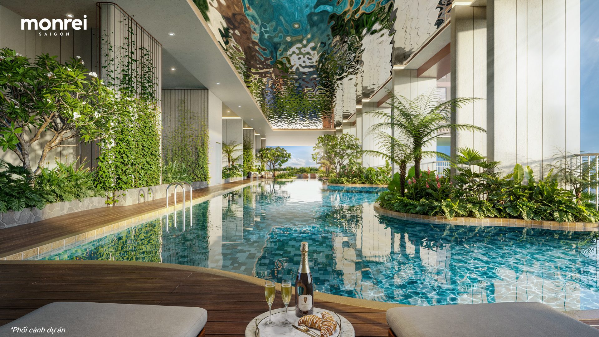 Long Pool tầng 20 Monrei Saigon trần nghệ thuật mặt nước