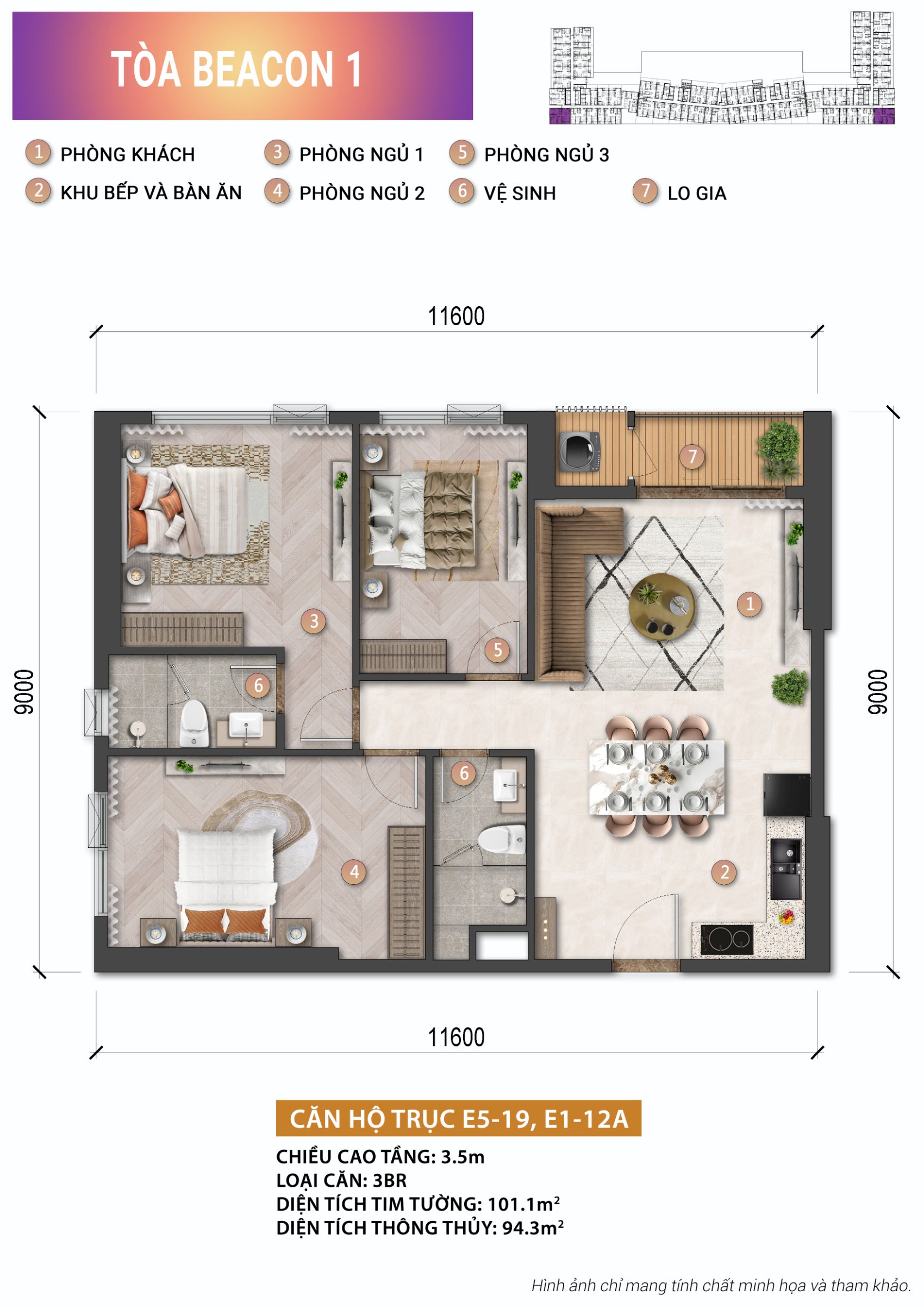 Layout căn hộ 3PN Beacon Tower