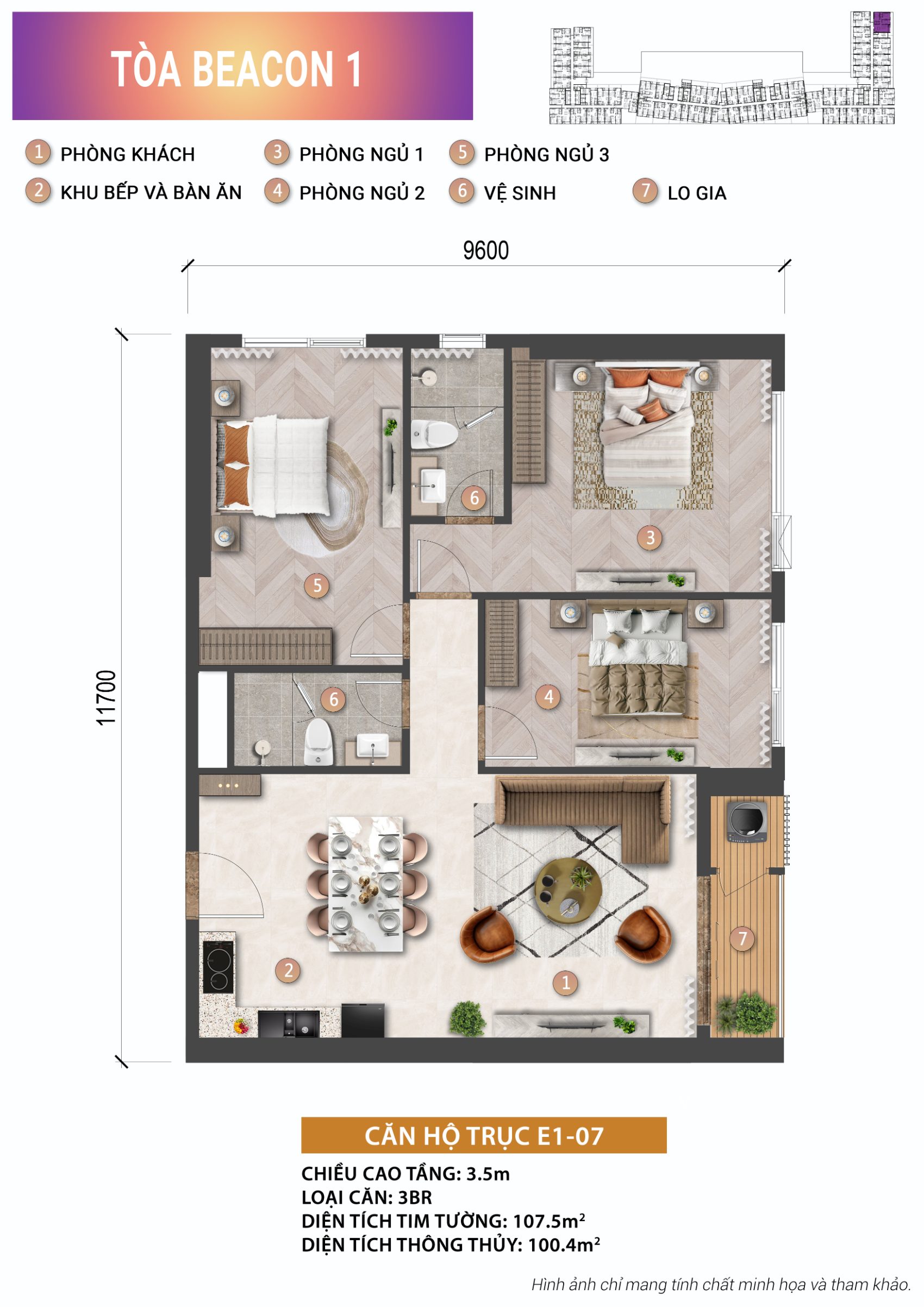 Layout căn hộ 3PN Beacon Tower phương án R