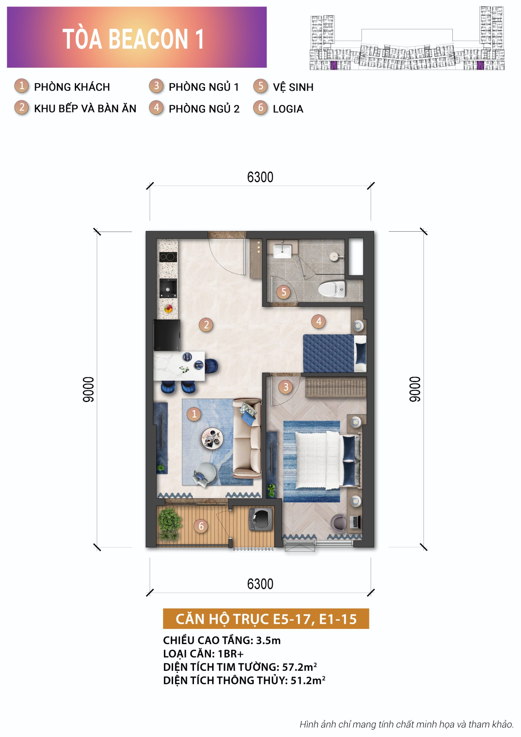 Layout căn hộ 1PN+ Beacon Tower