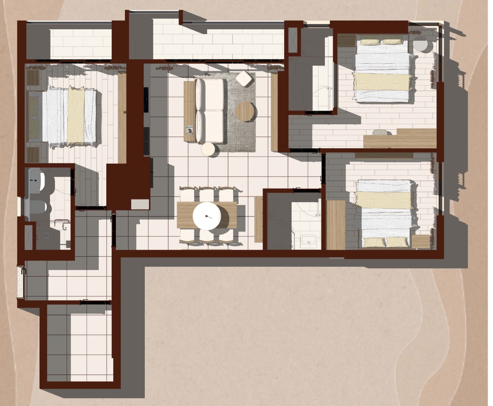 Mặt bằng 3D bố trí nội thất căn D15.15 Eastmark