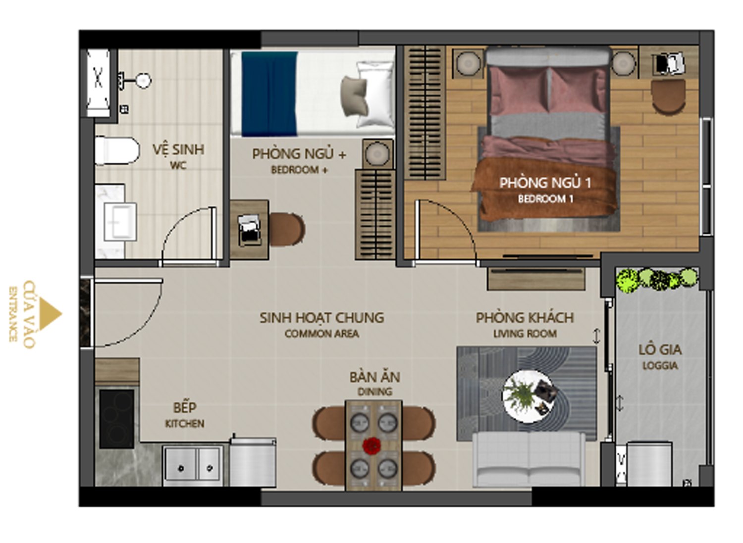 Mặt bằng 1PN+ 1WC Maison Grand 48,99m²