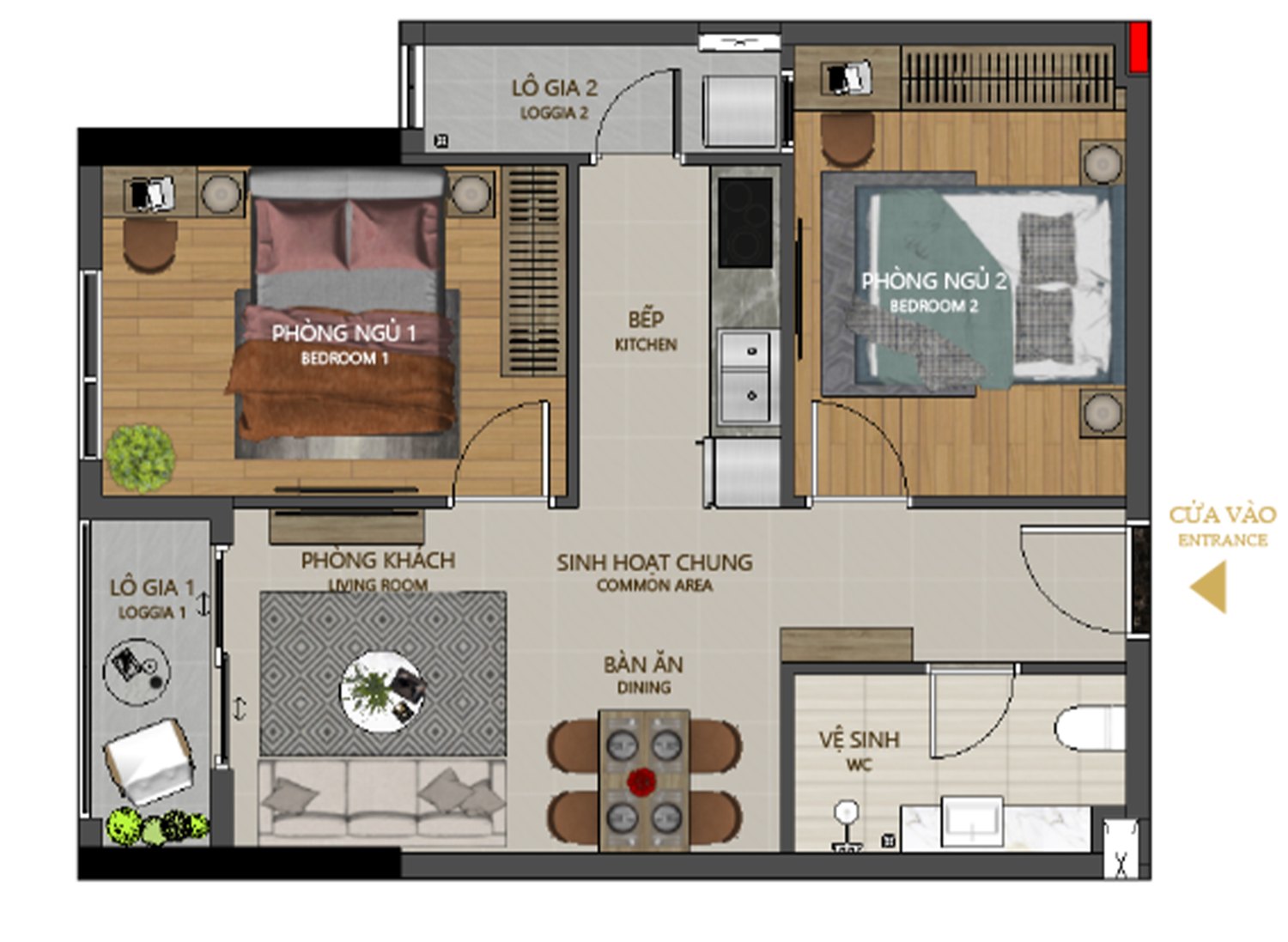 Mặt bằng 2PN 1WC Maison Grand