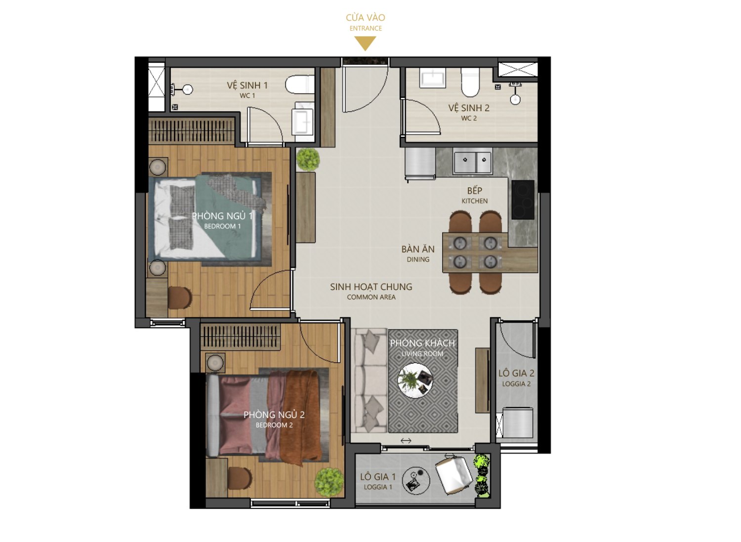 Mặt bằng 2PN 2WC Maison Grand