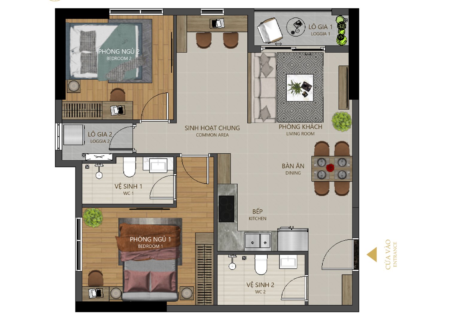 Mặt bằng 2PN+ 2WC Maison Grand