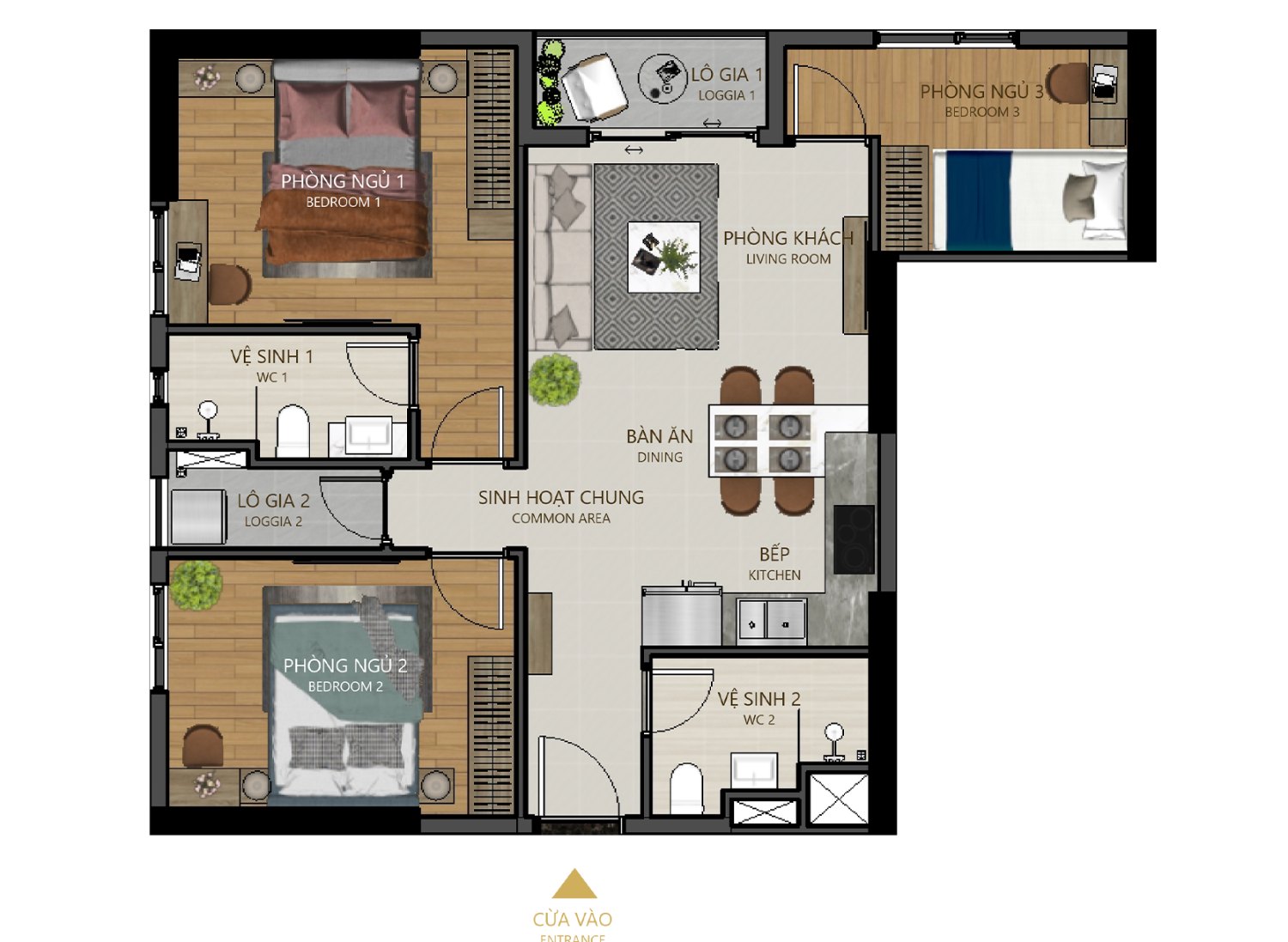 Mặt bằng 3PN 2WC Maison Grand ~75m²