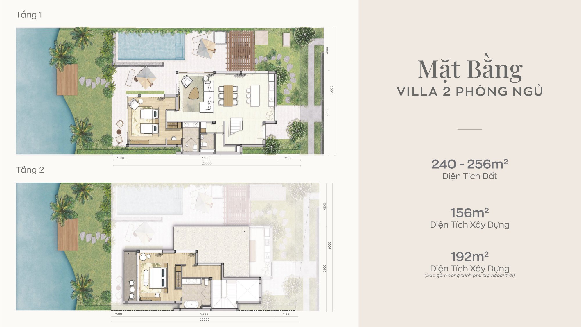 Mặt bằng Villa 2 phòng ngủ Maia Hồ Tràm tầng 1 và 2