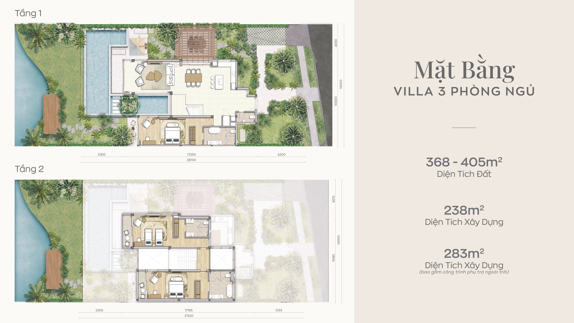 Mặt bằng Villa 3 phòng ngủ Maia Hồ Tràm tầng 1 và 2
