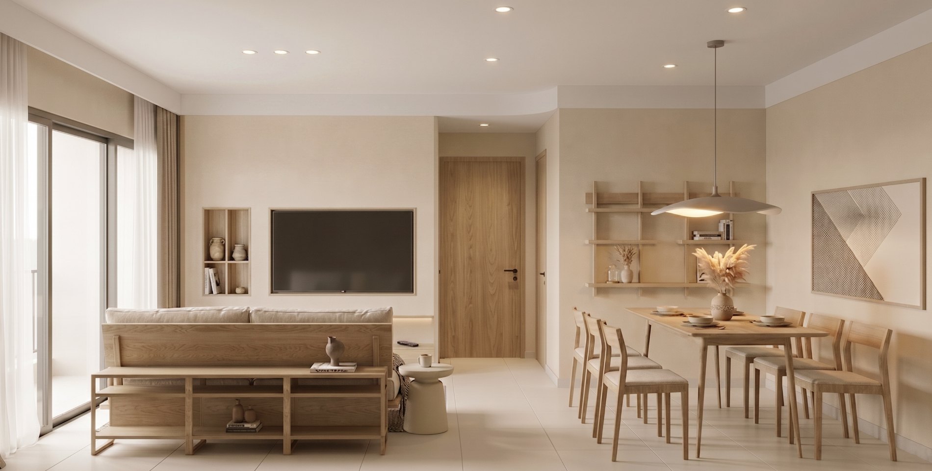 Phòng khách và bàn ăn căn hộ 3PN Duokey D15.15 MT Eastmark City nội thất Japandi