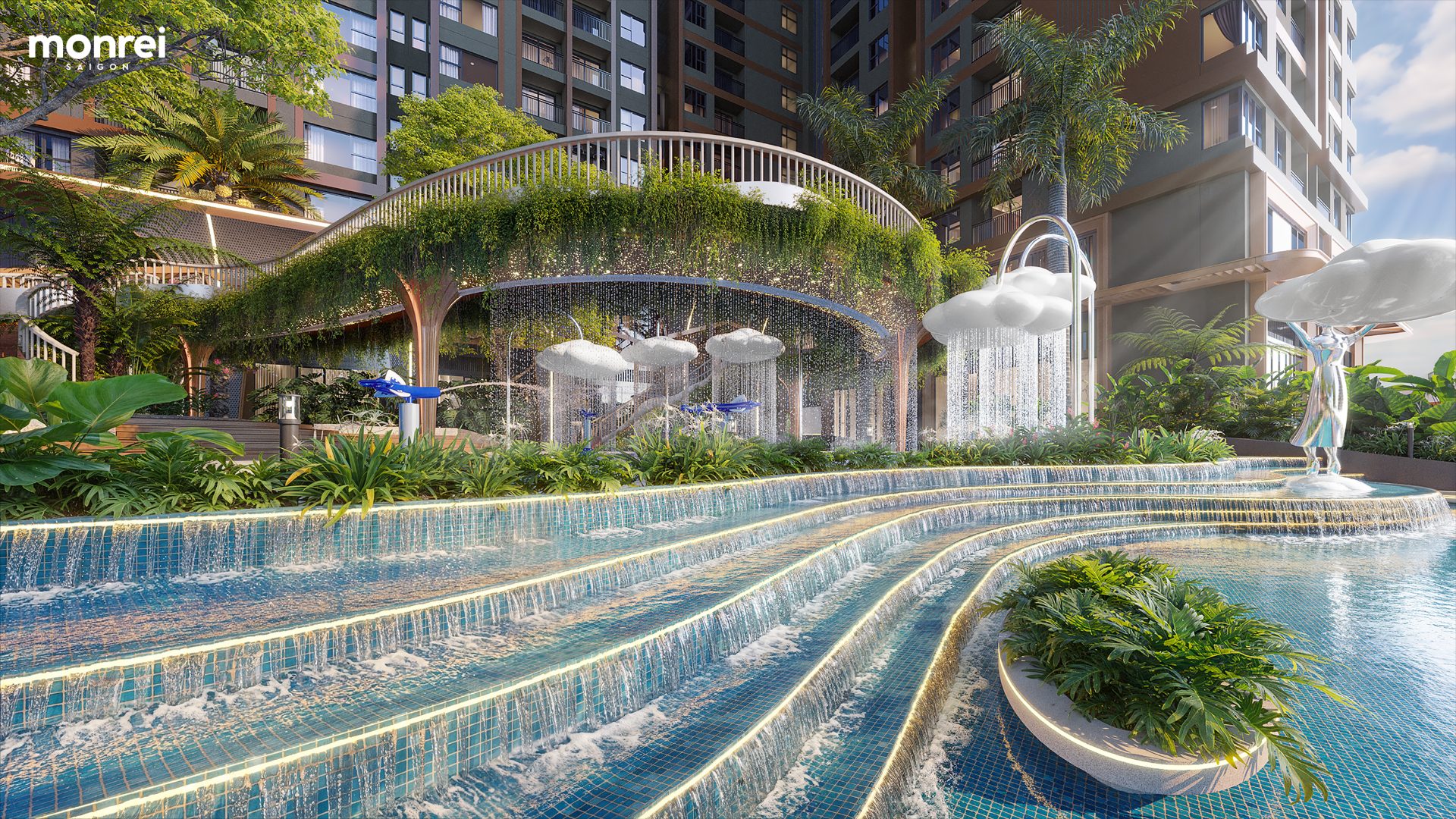 Thác nước tầng giữa khối tháp Monrei Saigon