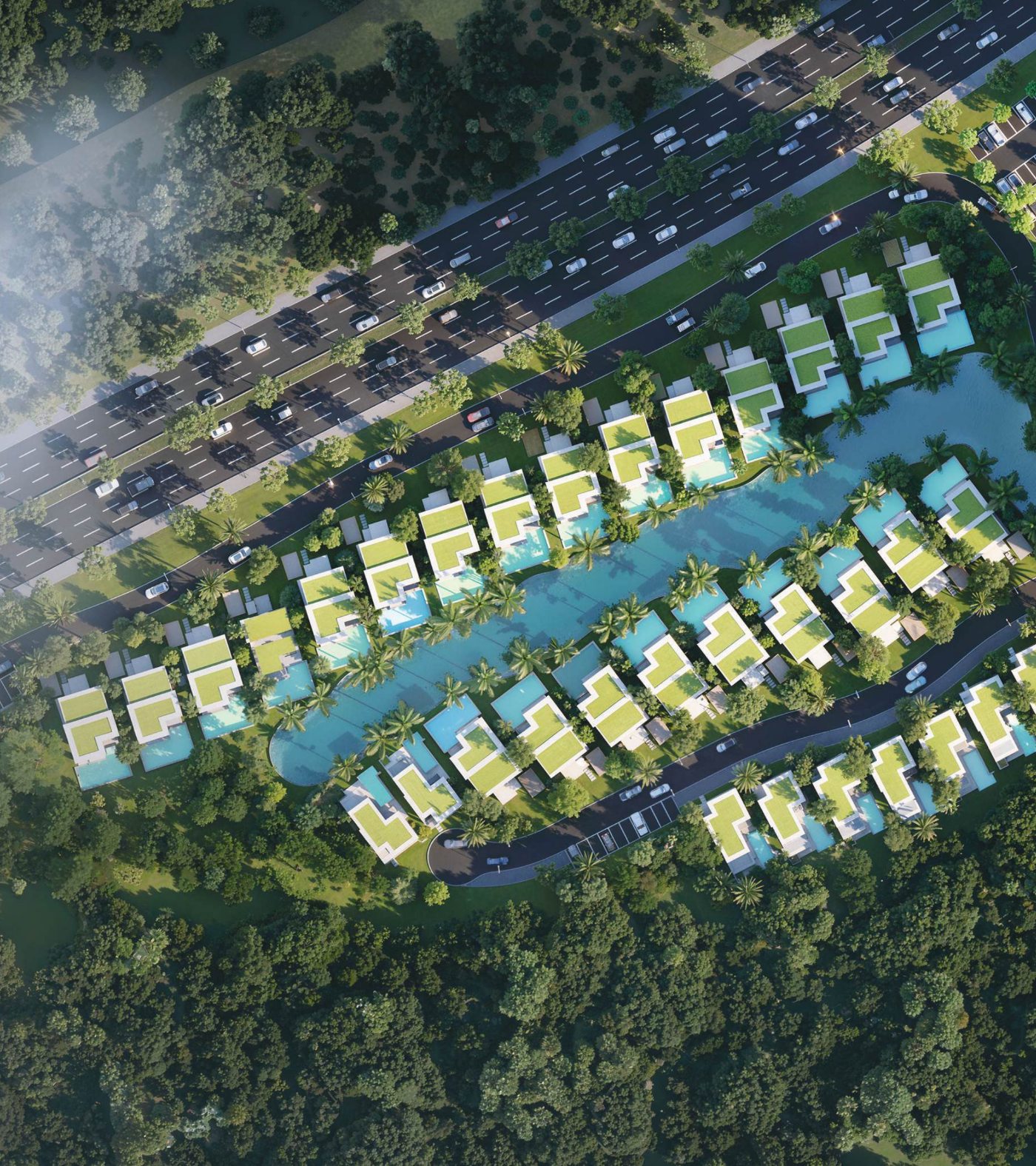 Phối cảnh các căn Villa Maia Hồ Tràm quanh hồ cảnh quan