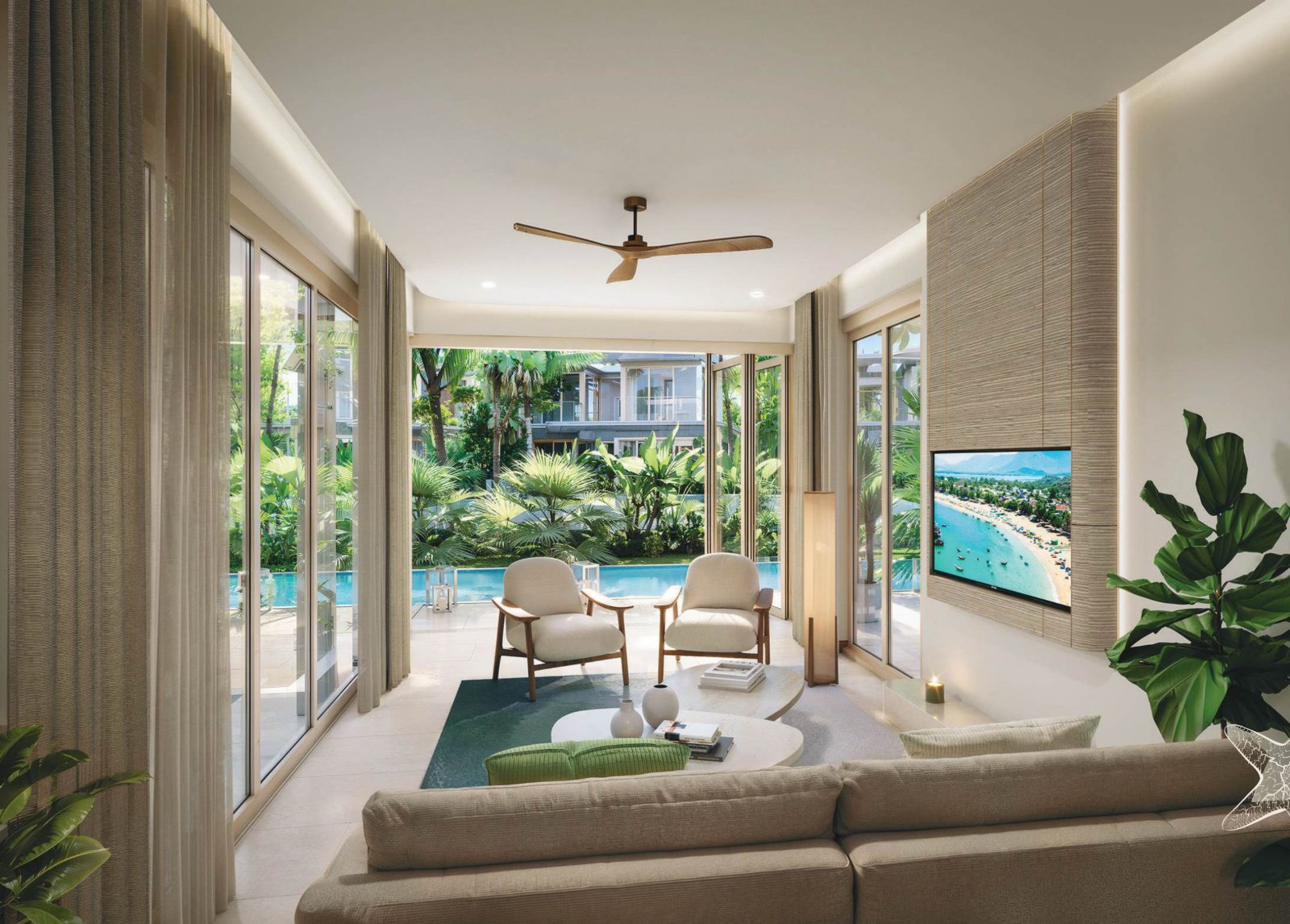 Phòng khách Villa Maia mở ra hồ bơi riêng