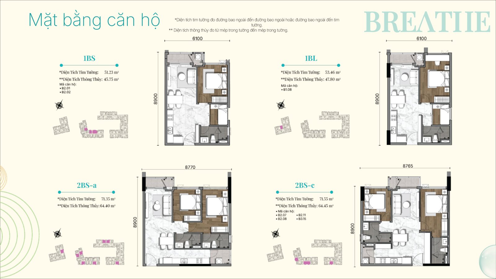 Layout mặt bằng căn hộ 1 phòng ngủ và 2 phòng ngủ nhỏ Gladia Heights 1BS 1BL 2BS