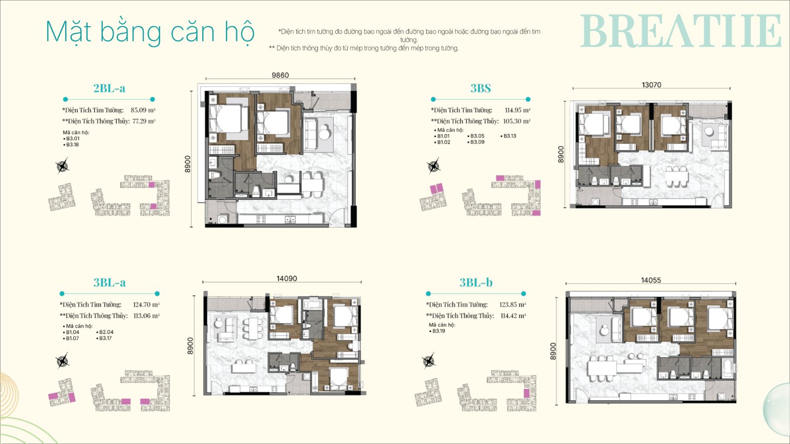 Layout mặt bằng căn hộ 2 phòng ngủ lớn và 3 phòng ngủ Gladia Heights 2BL 3BS 3BL