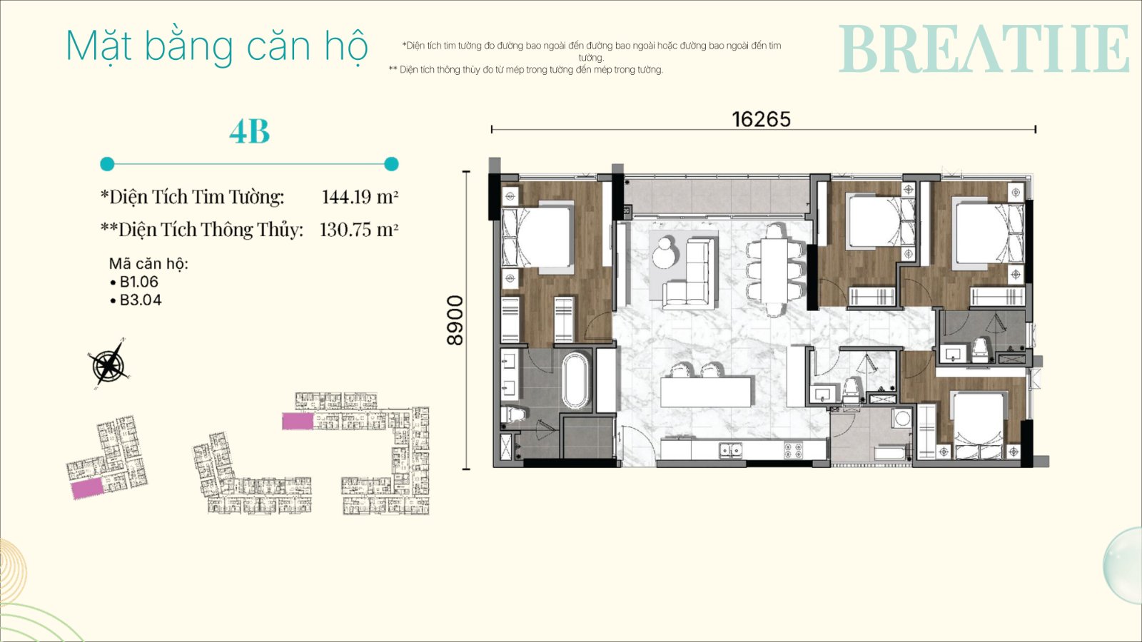 Layout mặt bằng căn hộ 4 phòng ngủ Gladia Heights 4B 144m2