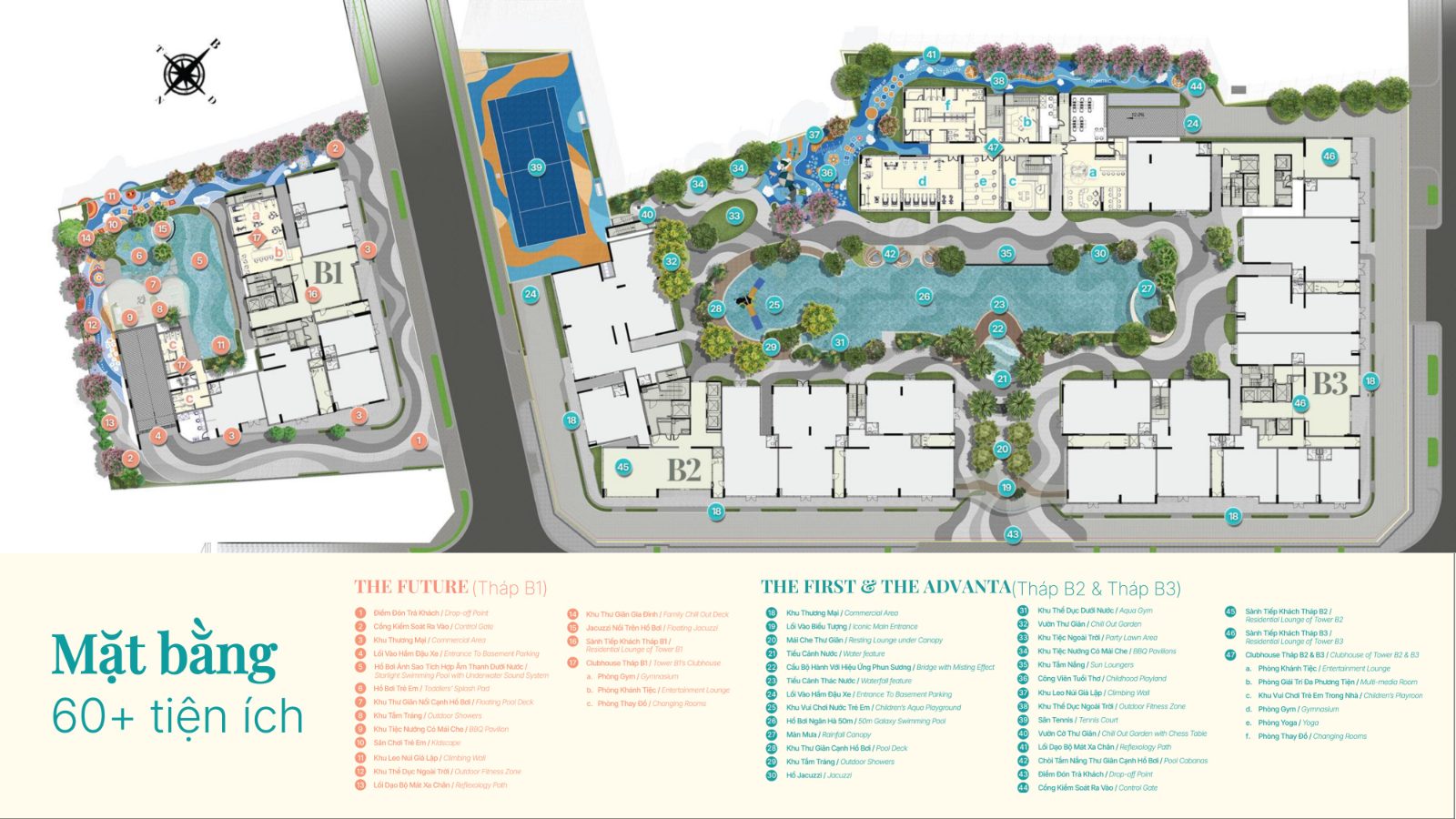 Mặt bằng tổng thể 60 tiện ích nội khu Gladia Heights 3 tháp B1 B2 B3