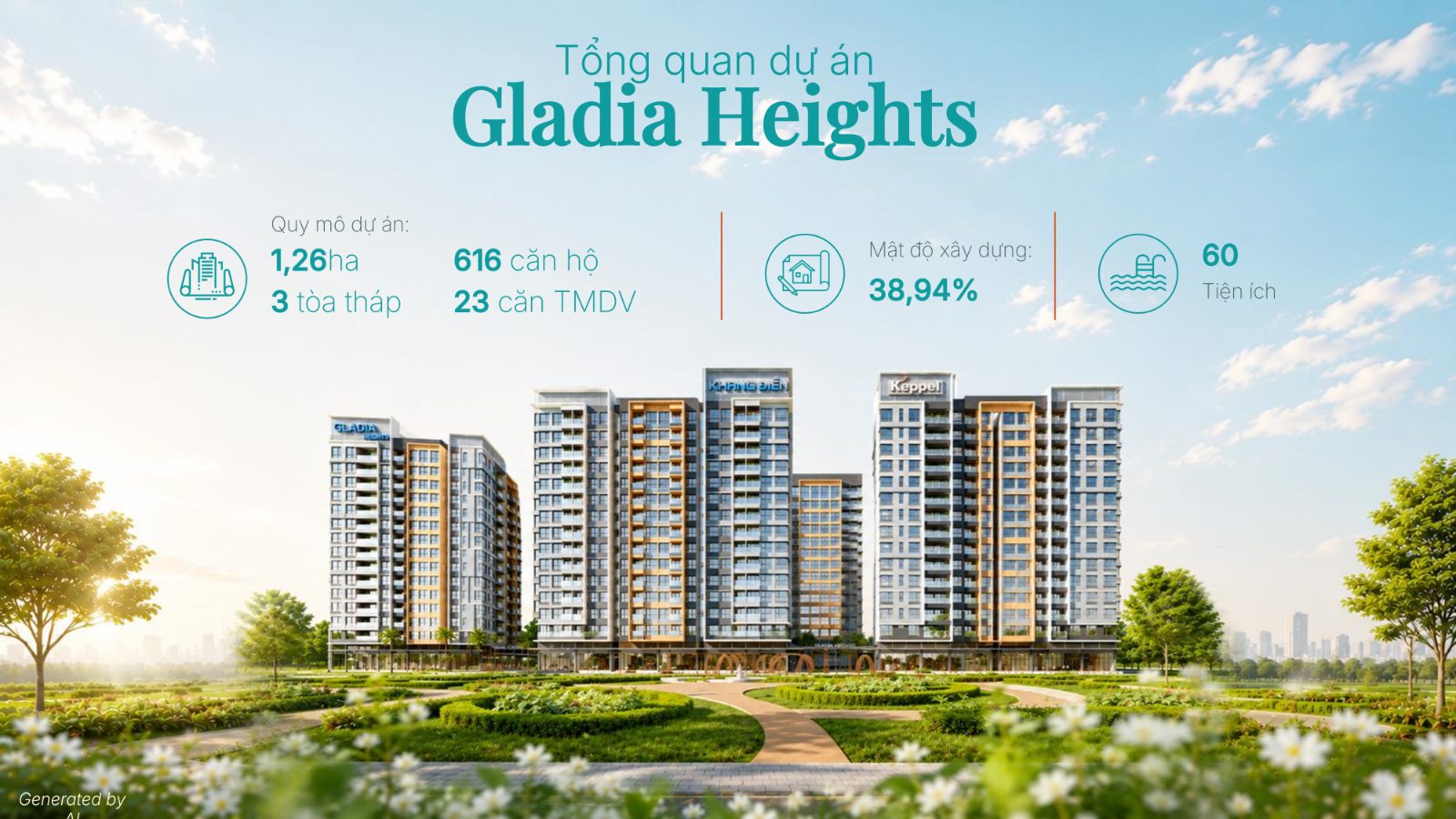 Tổng quan quy mô dự án Gladia Heights 1,26ha 3 tòa tháp 616 căn hộ 60 tiện ích