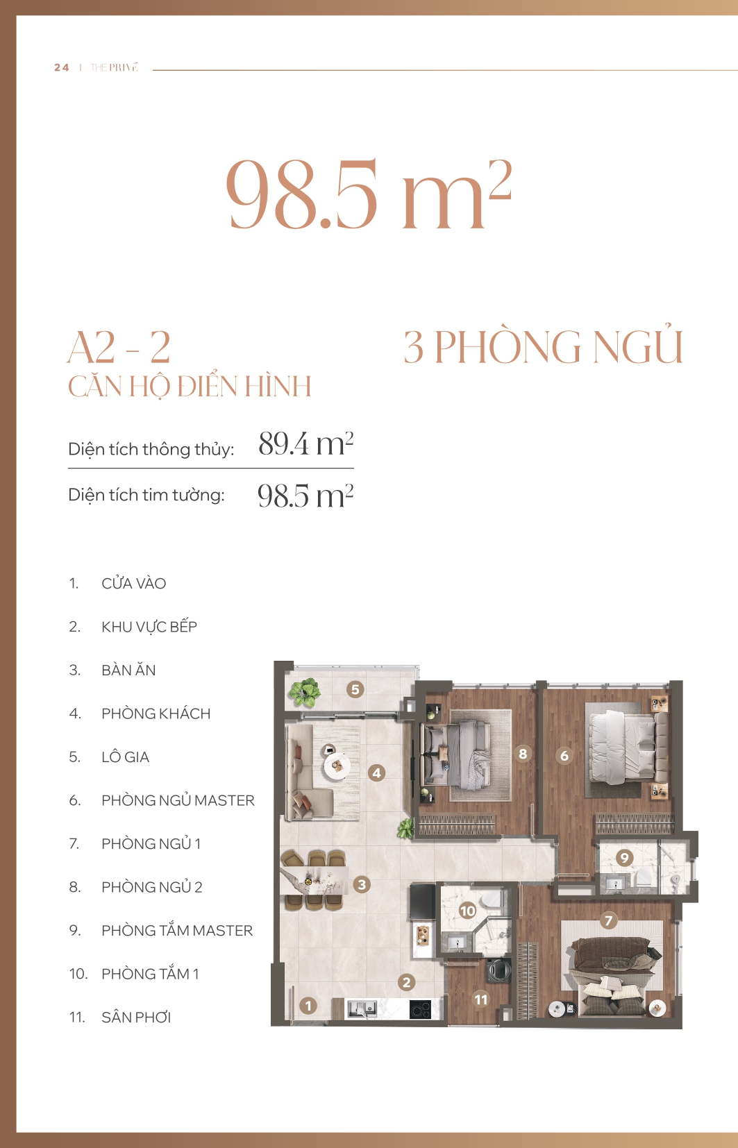 Layout căn hộ 3PN A2-2 Tower 9 The Privé