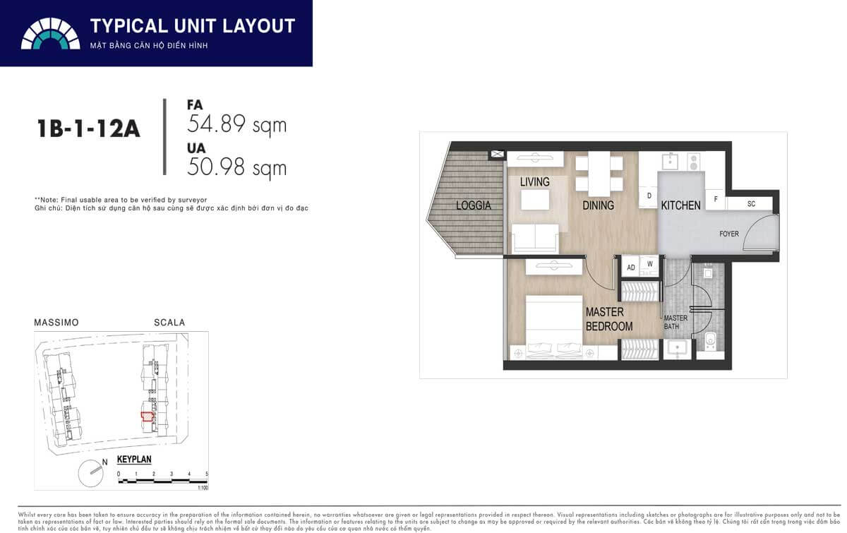 Mặt bằng căn hộ 1PN 54,89m2 The Opera Residence