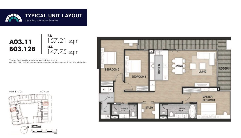 Mặt bằng căn hộ 3PN 157,21m2 The Opera Residence