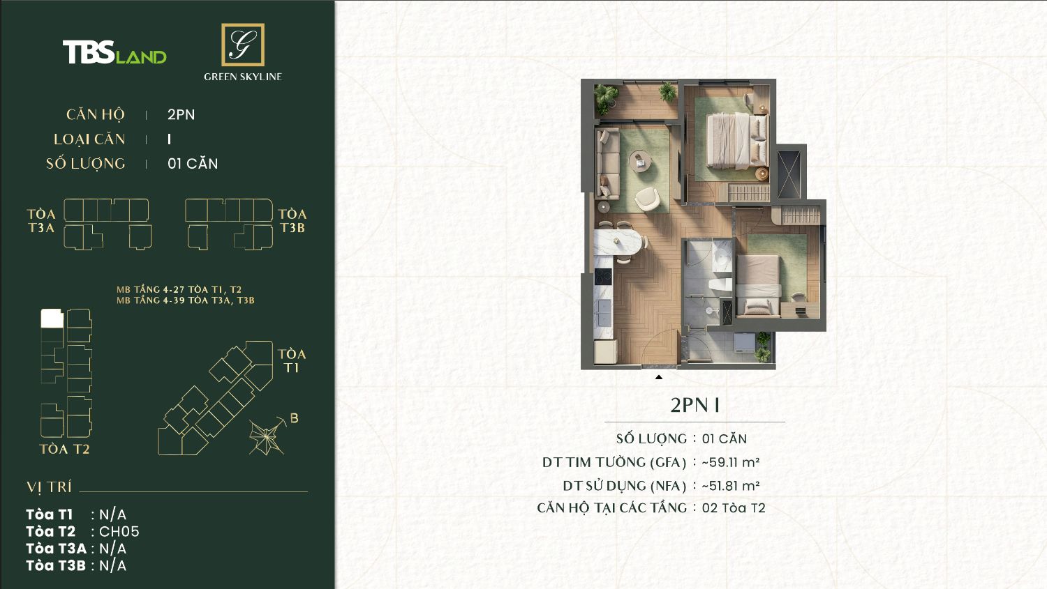 Mặt bằng 2PN loại I Green Skyline