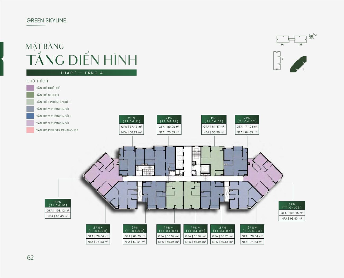 Mặt bằng tầng điển hình Tháp 1 tầng 4 Green Skyline