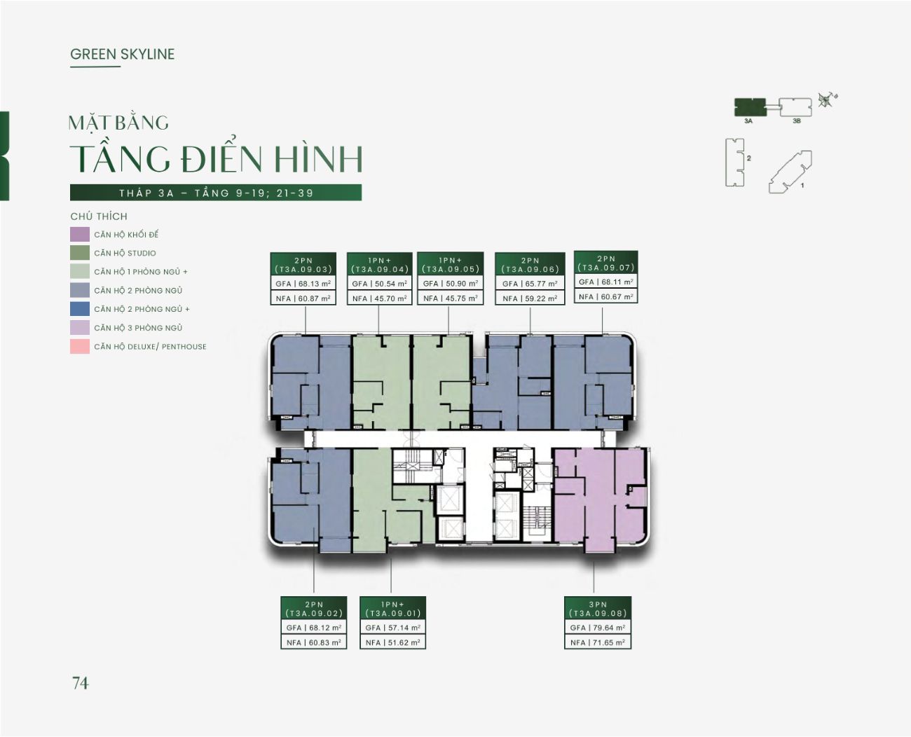 Mặt bằng tầng điển hình Tháp 3A tầng 9-19 21-39 Green Skyline