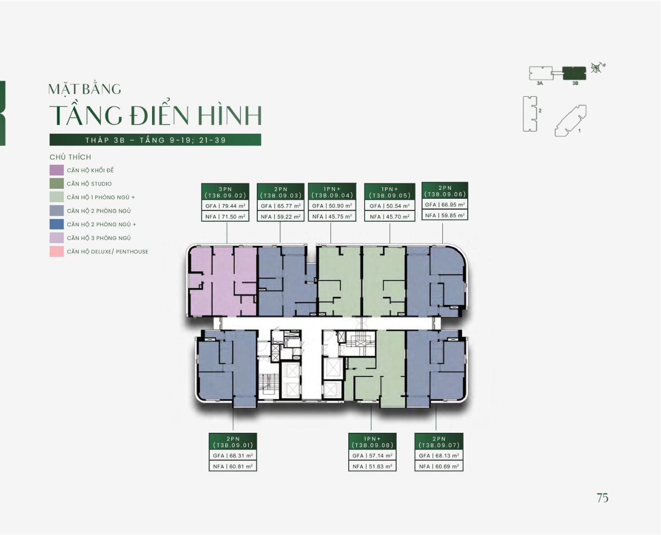 Mặt bằng tầng điển hình Tháp 3B tầng 9-19 21-39 Green Skyline