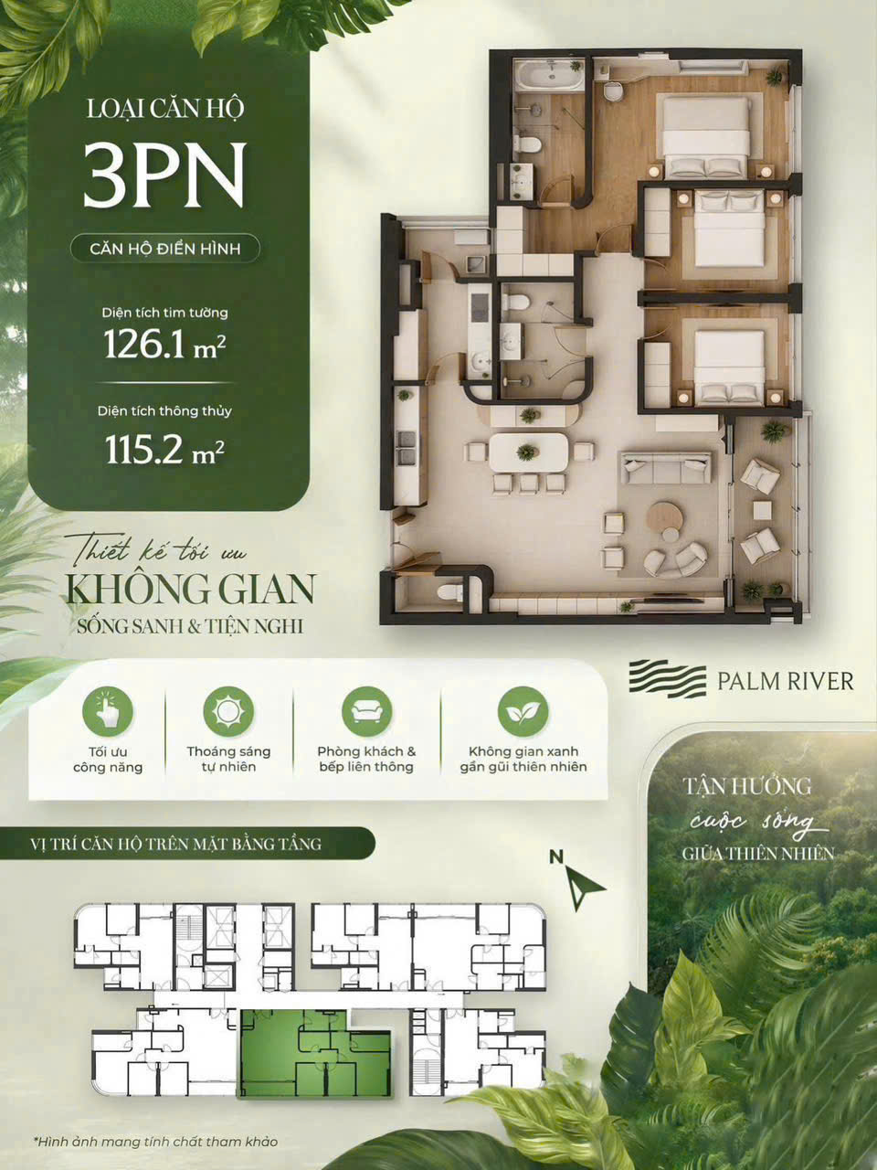 Mặt bằng căn hộ 3 phòng ngủ 126,1m² Palm River