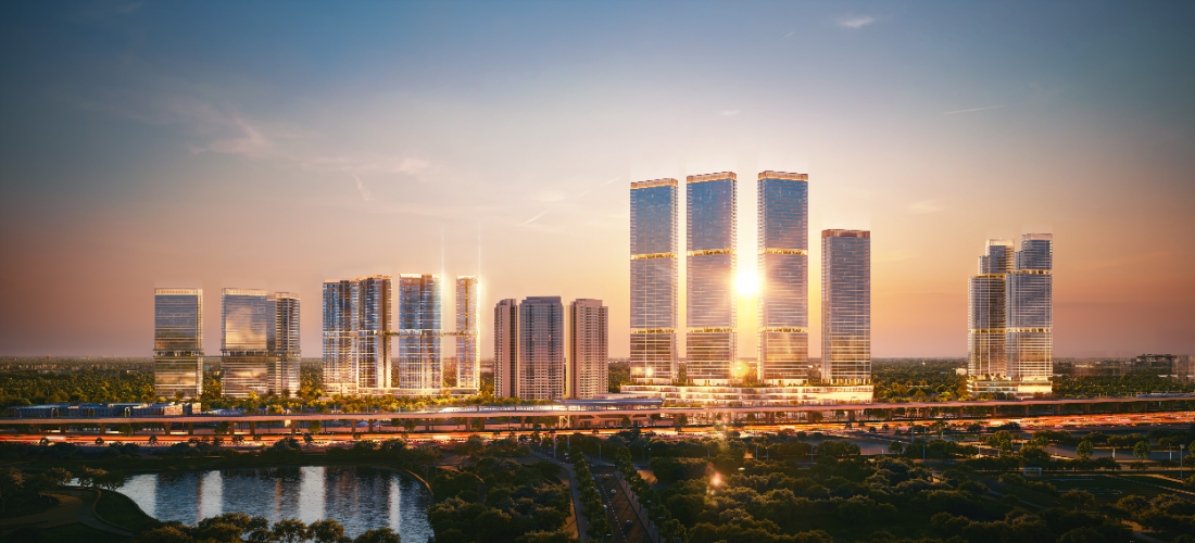 Phối cảnh Palm City lúc hoàng hôn nhìn về trung tâm thành phố