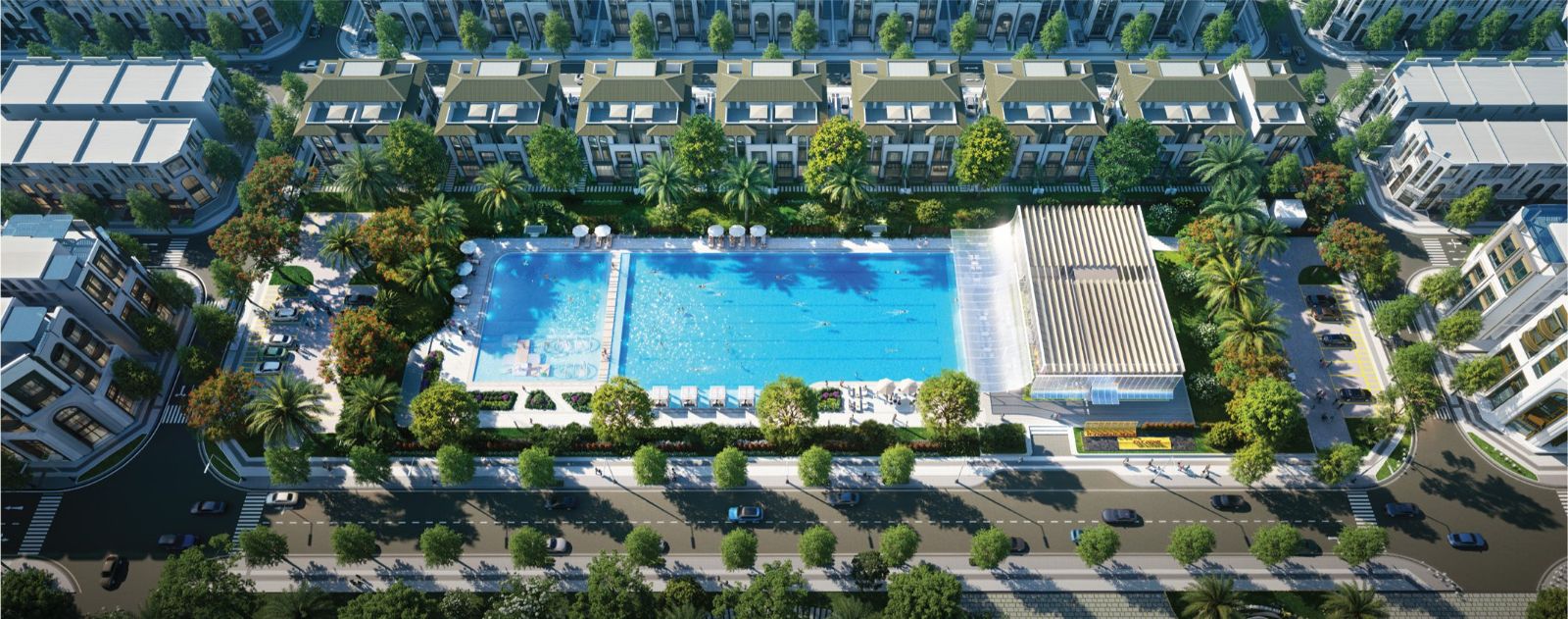 Phối cảnh bể bơi Olympic Waterfall Pool nhìn từ trên cao The Heritage Tây Ninh