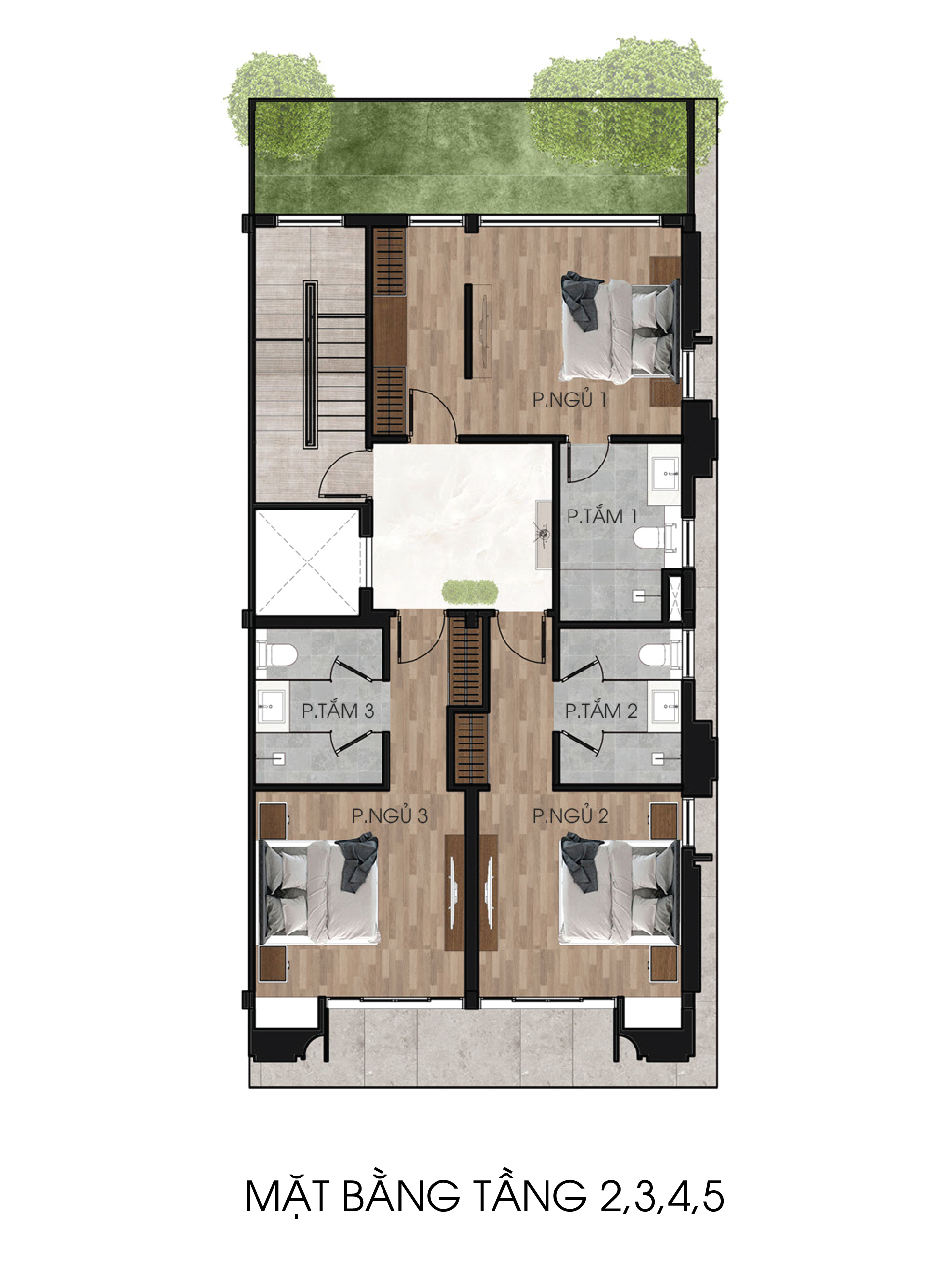 Mặt bằng Tầng 2 – 5 Shophouse 5 tầng · 102 m² The Heritage Tây Ninh