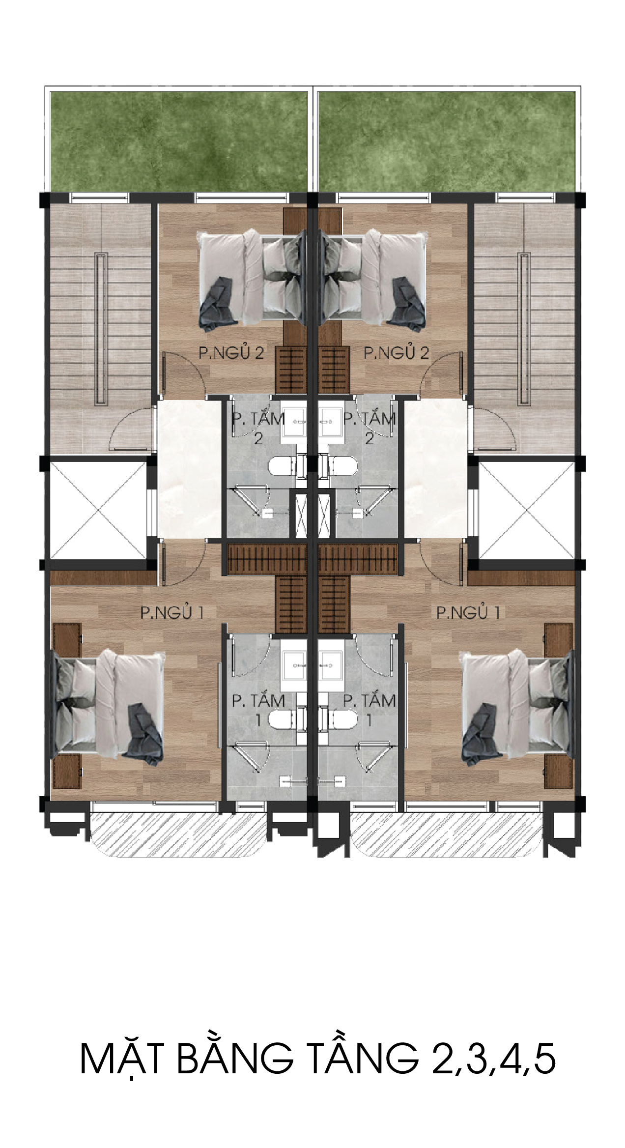 Mặt bằng Tầng 2 – 5 Shophouse 5 tầng · 75 m² The Heritage Tây Ninh
