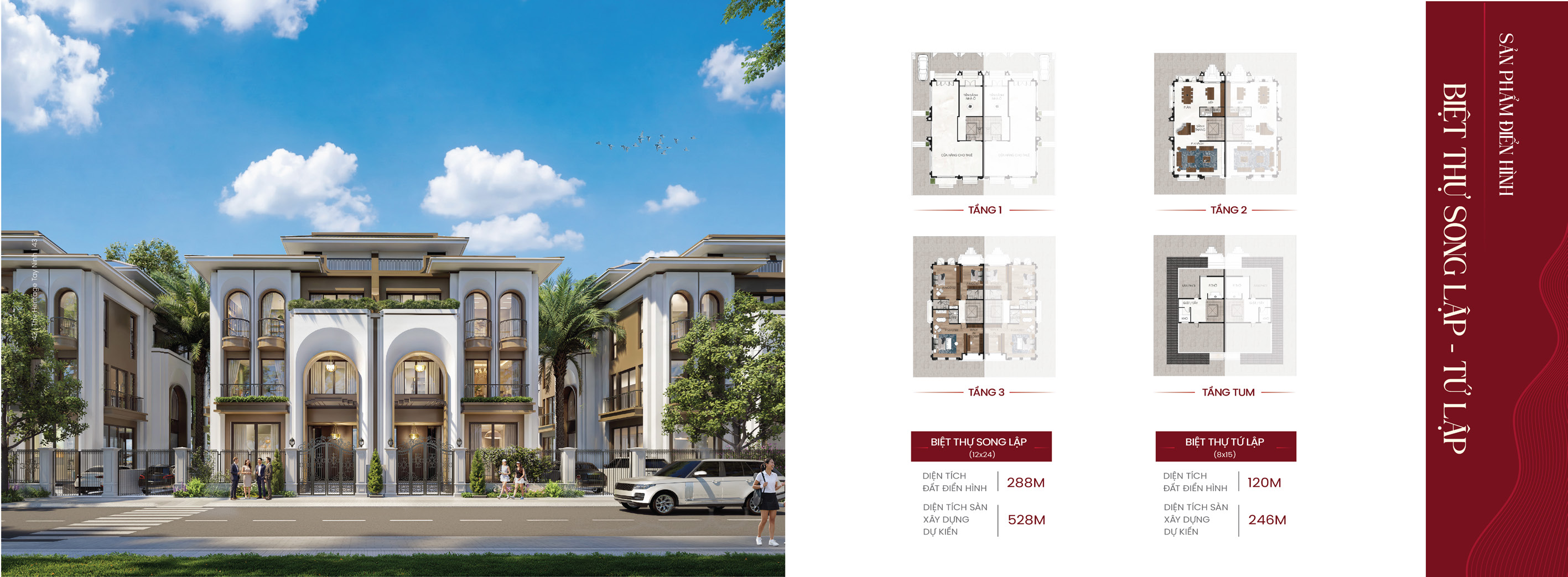 Mặt bằng Tầng 1 · 2 · 3 · tum (trang brochure) Biệt thự tứ lập · 120 m² The Heritage Tây Ninh