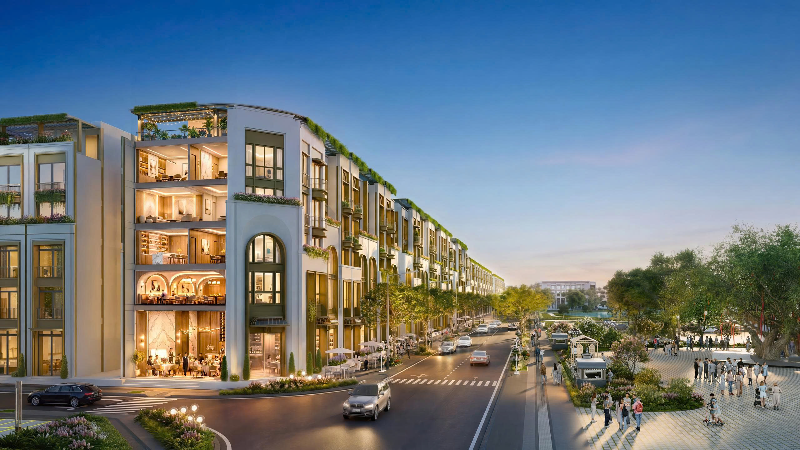 Phối cảnh shophouse góc 5 tầng về đêm The Heritage Tây Ninh